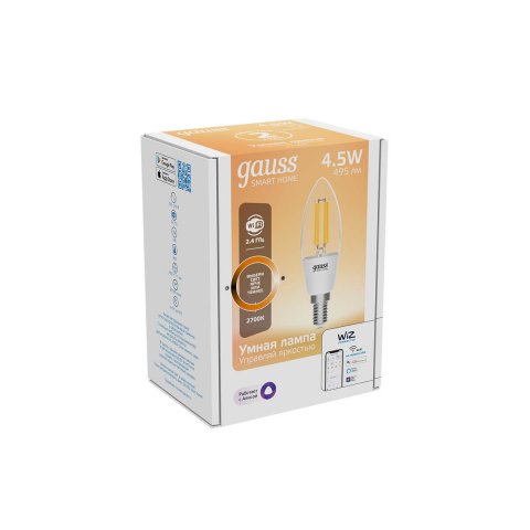 Лампа светодиодная диммируемая филаментная Gauss Smart Home Filament E14 4,5W 2700K прозрачная 1230112