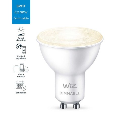 Лампа светодиодная диммируемая WiZ GU10 4,7W 2700K прозрачная Wi-Fi BLE 50W GU10 927 DIM 1PF/6 929002448102