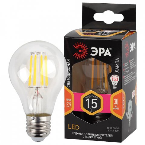 Лампа светодиодная филаментная ЭРА E27 15W 2700K прозрачная F-LED A60-15W-827-E27 Б0046981