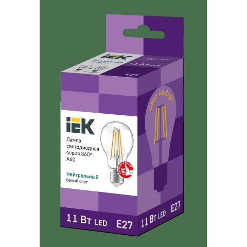 Лампа светодиодная филаментная IEK E27 11W 4000K прозрачная LLF-A60-11-230-40-E27-CL