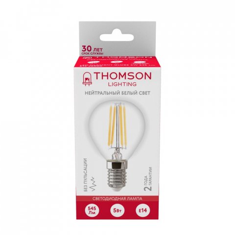 Лампа светодиодная филаментная Thomson E14 5W 4500K шар прозрачная TH-B2082