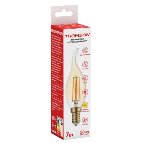 Лампа светодиодная филаментная Thomson E14 7W 2400K свеча на ветру прозрачная TH-B2118