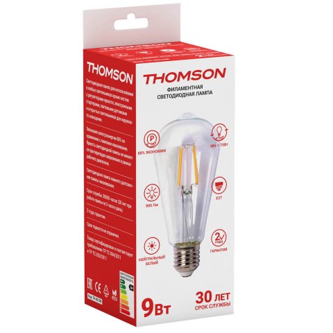 Лампа светодиодная филаментная Thomson E27 9W 4500K прямосторонняя трубчатая прозрачная TH-B2108