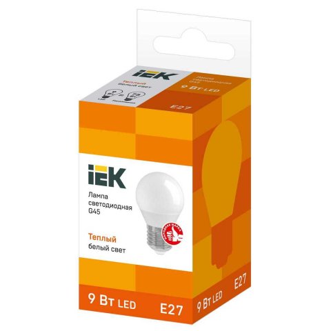 Лампа светодиодная IEK E27 9W 3000K матовая LLE-G45-9-230-30-E27