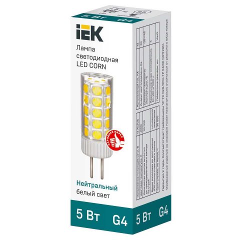 Лампа светодиодная IEK G4 5W 4000K прозрачная LLE-CORN-5-012-40-G4
