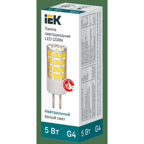 Лампа светодиодная IEK G4 5W 4000K прозрачная LLE-CORN-5-230-40-G4