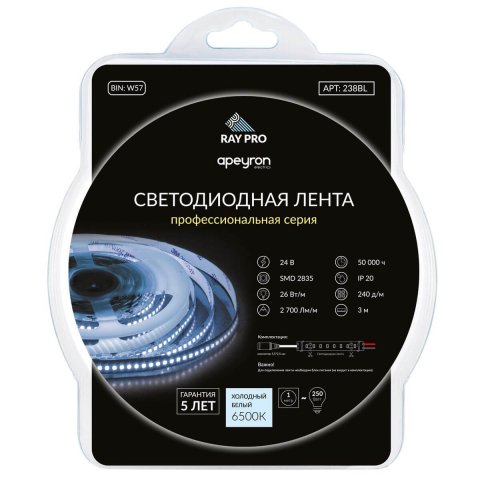 Светодиодная лента Apeyron 26W/m 240Led/m 2835SMD холодный белый 3M 238BL