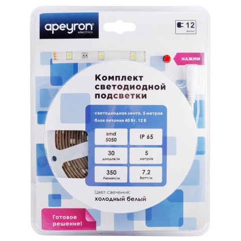 Светодиодная влагозащищенная лента Apeyron 7,2W/m 30LED/m 5050SMD холодный белый 5M 10-01