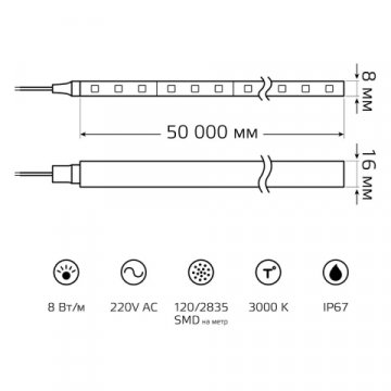 Гибкий неон Gauss 8W/m 120LED/m 2835SMD теплый белый 50M 311000108