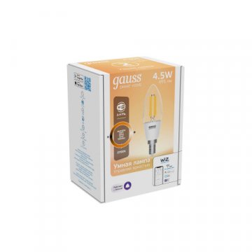 Лампа светодиодная диммируемая филаментная Gauss Smart Home Filament E14 4,5W 2700K прозрачная 1230112