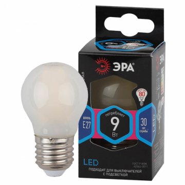 Лампа светодиодная филаментная ЭРА E27 9W 4000K матовая F-LED P45-9w-840-E27 frost Б0047030