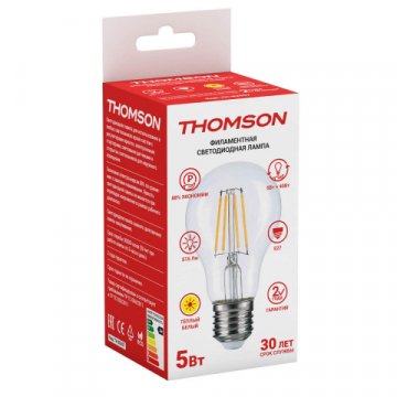 Лампа светодиодная филаментная Thomson E27 5W 2700K груша прозрачная TH-B2057