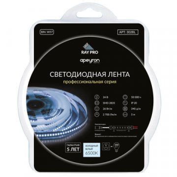 Светодиодная лента Apeyron 26W/m 240Led/m 2835SMD холодный белый 5M 302BL