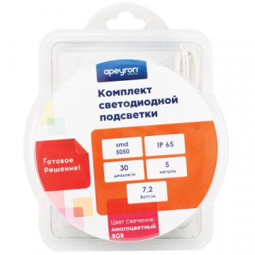Светодиодная влагозащищенная лента Apeyron 7,2W/m 30LED/m 3528SMD разноцветная 5M 10-03