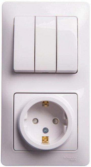 Блок розетка 2К+З -выключатель трехклавишный Schneider Electric Glossa со шторками белый GSL000178