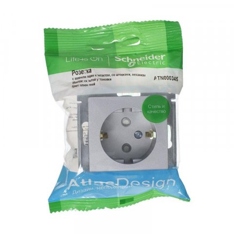Розетка 2К+З Schneider Electric AtlasDesign 16A 250V со шторками алюминий ATN000345